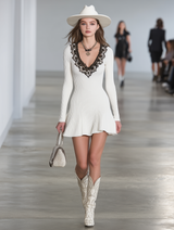 Stylish White Knitted V-neck With Black Lace Trim Mini Dress