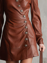 Elegant Brown Faux Leather Mini Dress With Button Closure.