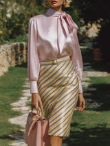 Elegant And Romantic Pink Rose Ribbon Shirt Striped Skirt Satin Set