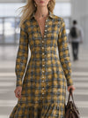 Casual And Stylish White Button-down Yellow And Black Plaid Maxi Dress