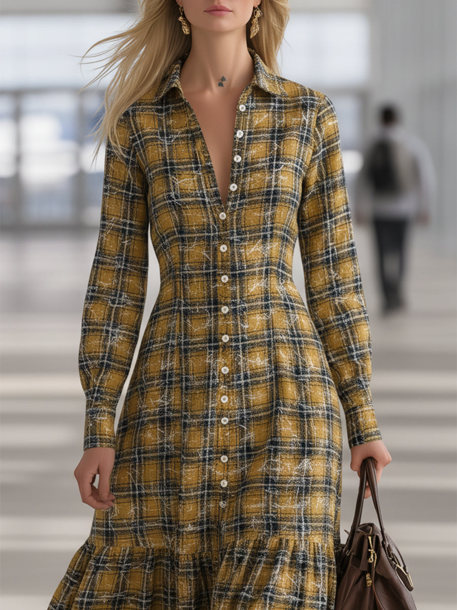 Casual And Stylish White Button-down Yellow And Black Plaid Maxi Dress