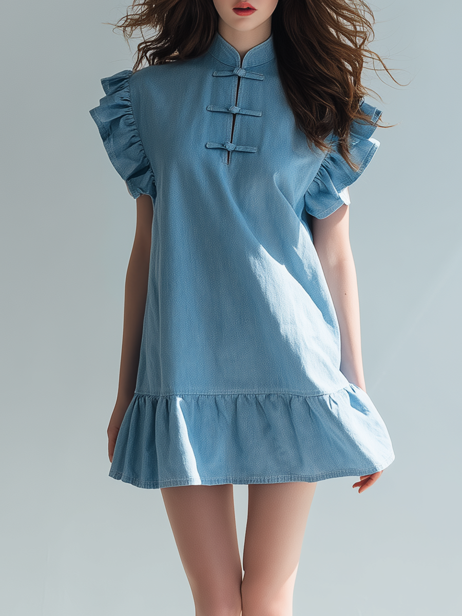 Retro-style Fashion Puff Sleeves Stand-up Collar Frog Buttons Ruffled Hem Denim Blue Mini Dress