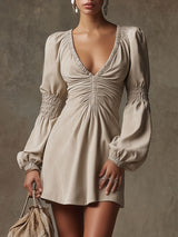 Western Retro Beige Faux Suede Long-Sleeved Pleated Mini Dress
