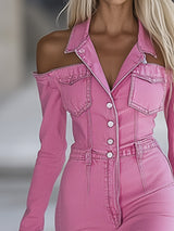 Fashionable Personalized Lapel Pink Denim Off-the-shoulder Long-sleeved Flared Jumpsuit
