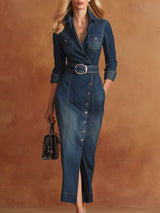 Casual Retro Blue Lapel Denim Midi Dress
