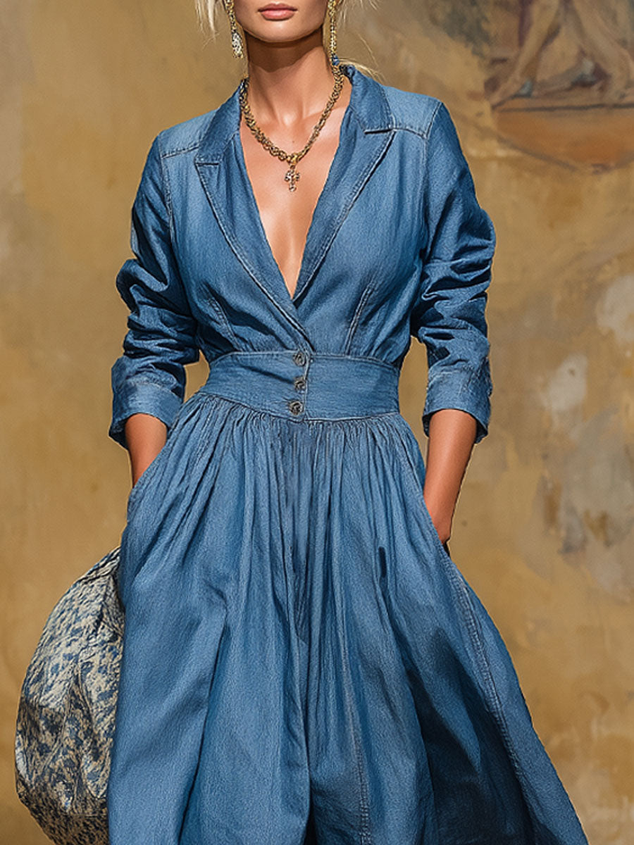 Retro Style Lapel Collar Double Pocket Button-up Long-sleeved Maxi Dress