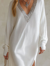 Refined Silhouette White Knit Maxi Dress with Sequined V-Neck