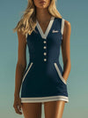 【24-hour shipping out】Elegant Classic V-Neck Sports Style Front Button Contrast Navy Blue Mini Dress