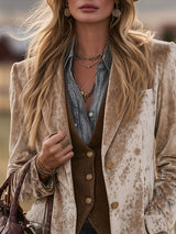 Retro Western Nomadic Style Sika Deer Pattern Camel Velvet Blazer