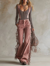 Retro Western Style Detachable Straps Light Pink Faux Suede Overalls
