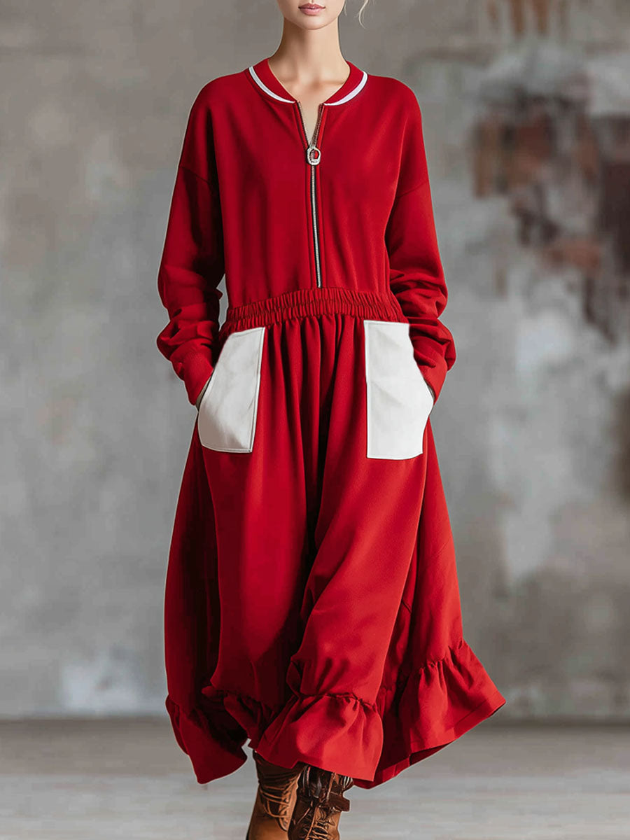 Loose-fitting Sporty Style Double-pocket Zip-up Long-sleeved Midi Dress