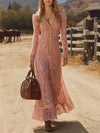Elegant Pink Lace Long-sleeved Zip-up Maxi Dress