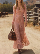 Elegant Pink Lace Long-sleeved Zip-up Maxi Dress