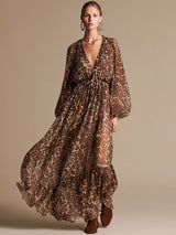 Vacation Retro V-neck Leopard Print Brown Chiffon Long Sleeve Maxi Dress