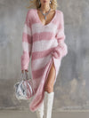 Color-block Wide-striped V-neck Side-slit Knitted Long-sleeved Midi Dress