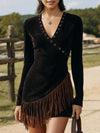 Western-style Black Faux Suede V-neck Mini Dress With Patchwork And Fringe Details