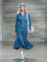 Stylish Blue Denim Zip-up Midi Dress With Ruffle Details.