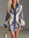 Elegant Vintage Versatile Fashion Navy Trimmed Baroque-style Printed White Satin Shirt Dress.