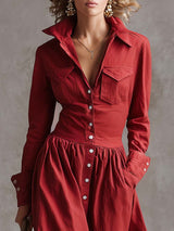 Exquisite Retro Western Lapel Front Button Red Windbreaker Style Cotton And Linen Maxi Dress