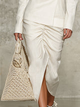 Elegant White Cotton And Linen With A Pleated Skirt Set