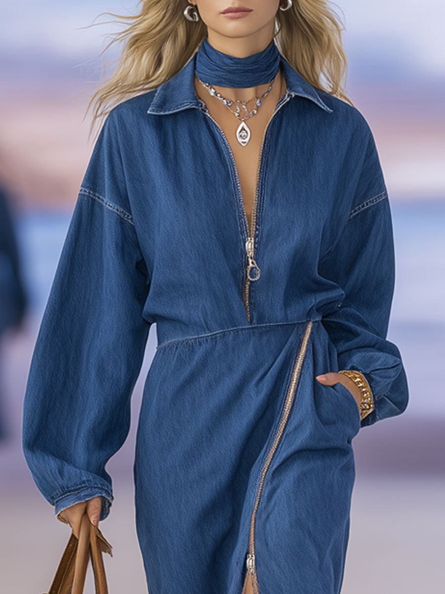 Loose-fitting Collar Zipper Closure Double Pockets Denim Long-sleeved Midi Dress