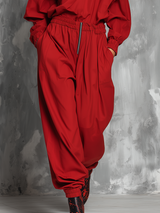 Stylish Western-style Red Off-the-shoulder Long-sleeved Top And Tapered Trousers Set