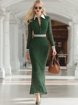 Elegant And Stylish White Lapel Green Lace Maxi Dress