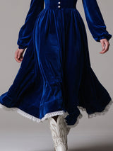 Fashionable Retro Lace-trimmed Royal Blue Velvet Long-sleeved Midi Dress