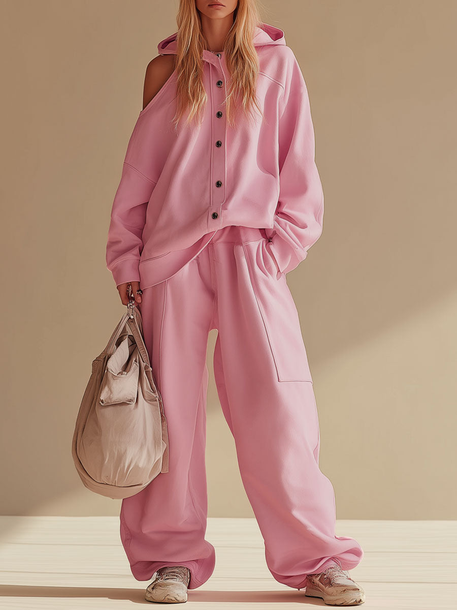 Loose-fitting Hooded Single-breasted Off-the-shoulder Jacket And Trousers Casual Set