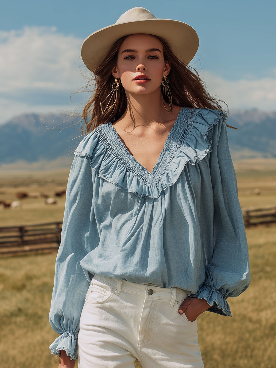 Western-style Ruffled Blue Vintage Washed Denim Shirt