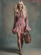 Elegant Vintage Western Front Zipper Ruffled Hem Lace Trim Pink Leopard Print Suede Mini Dress