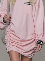 Loose-fitting Round-neck Single-pocket Gathered Long-sleeved Athletic Mini Dress