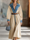 Western-style Beige Cotton Patchwork Denim Maxi Dress