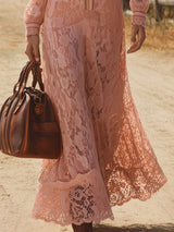 Elegant Pink Lace Long-sleeved Zip-up Maxi Dress