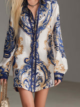 Elegant Vintage Versatile Fashion Navy Trimmed Baroque-style Printed White Satin Shirt Dress.