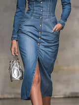 Retro V-neck Ruffled Denim Long-sleeved Midi Dress