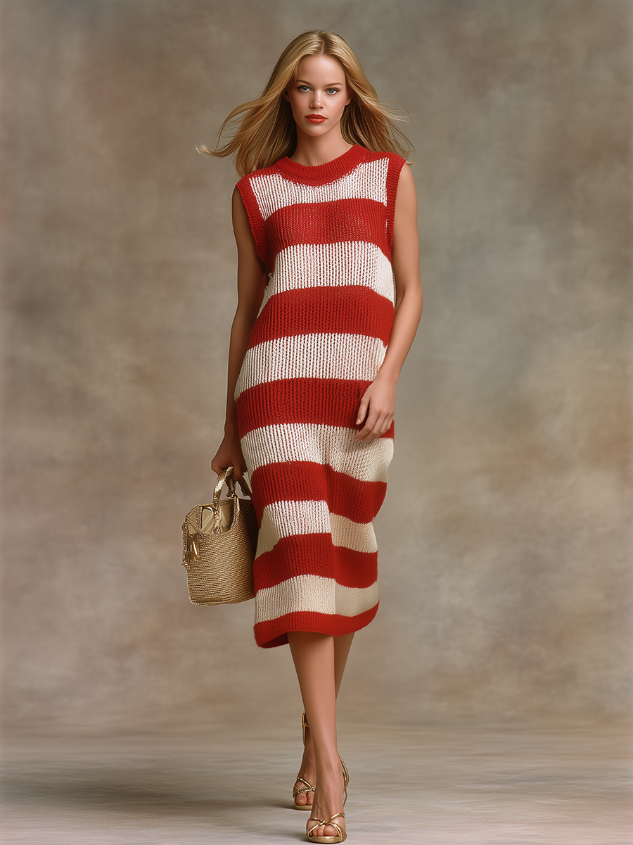 Retro And Stylish Striped Sleeveless Knitted Midi Dress
