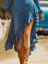 Western-style Retro Blue Faux Suede Long-sleeved Ruffle Midi Dress