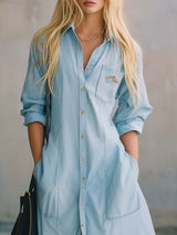 Vintage Casual Fashion Front Button Light Blue Washed Denim Shirt-style Midi Dress