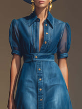 Exquisite Fashionable Front Button V-neck Short-sleeved Outer Cover Organza Blue Denim Maxi Dress