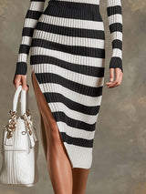 Retro Black And White Striped Knit Off-shoulder Slit Midi Dress