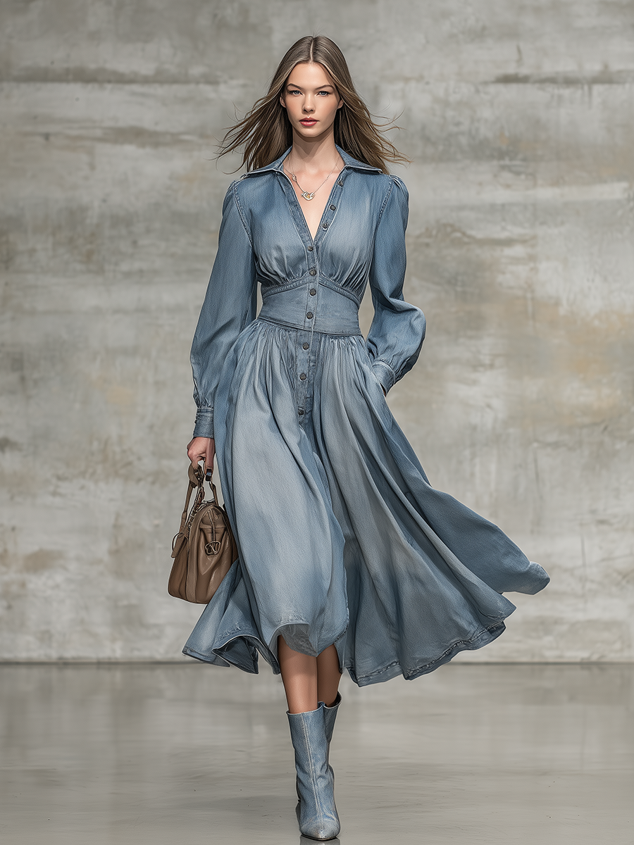 Elegant Retro Lapel Button Denim Midi Dress