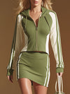 Sporty Style White And Green Hooded Zip-up Cotton Top And Skirt Set