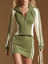 Sporty Style White And Green Hooded Zip-up Cotton Top And Skirt Set