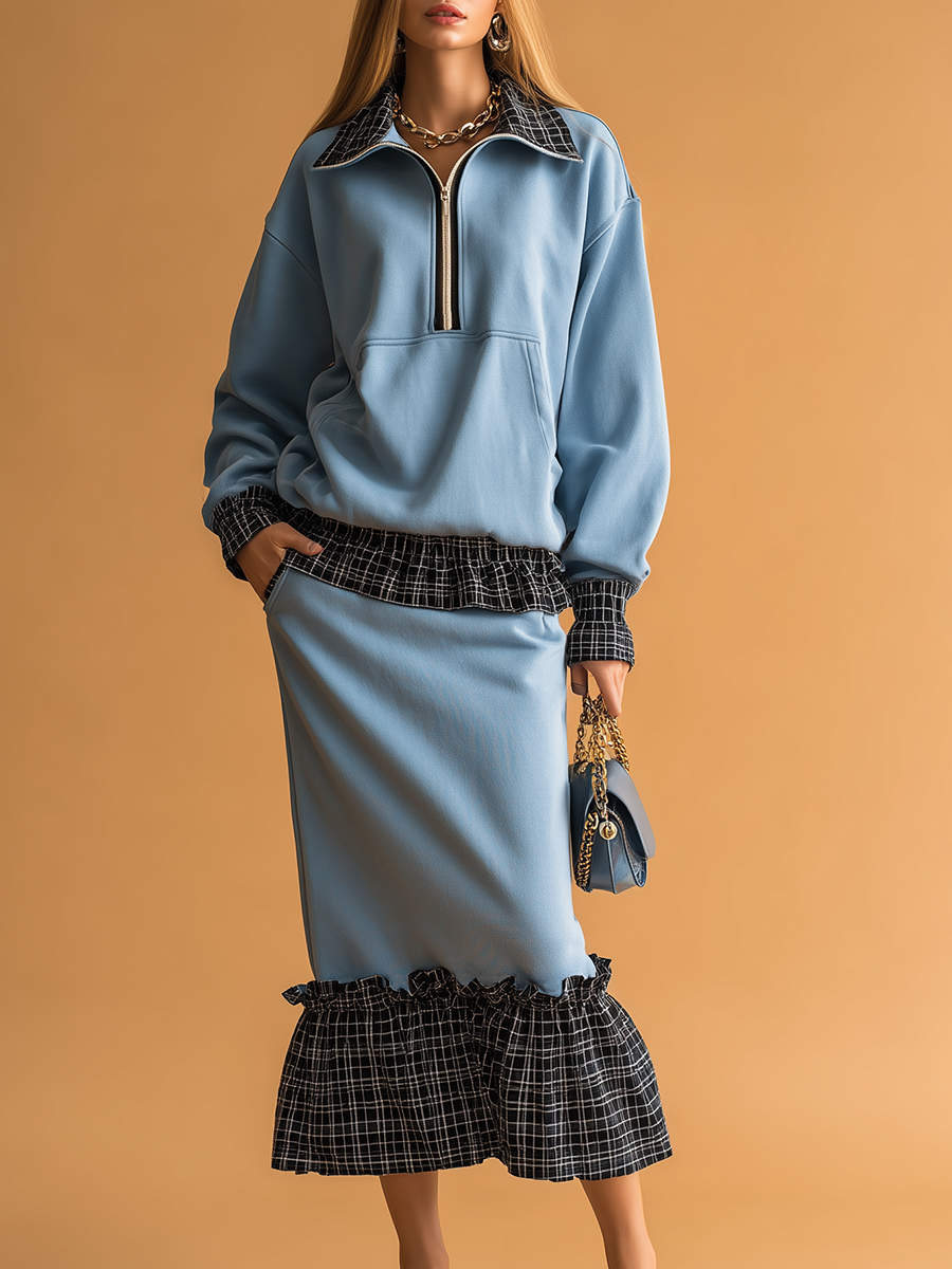 Casual Retro Sporty Plaid Patchwork Sweatshirt And Skirt Set