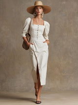 Fashionable Retro-style Square Neckline Long-sleeved White Cotton Midi Dress