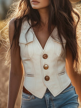 【24-hour shipping out】Premium Western Style Gold Button White Suede Vest