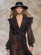 Fashionable Retro Long-sleeved Paisley Black Chiffon Ruffle Maxi Dress