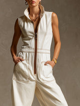 Casual Retro White Denim Zip-up Sleeveless Wide-leg Jumpsuit