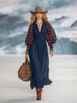 Retro-chic Red Plaid Sheer-sleeved Blue Tencel Maxi Dress